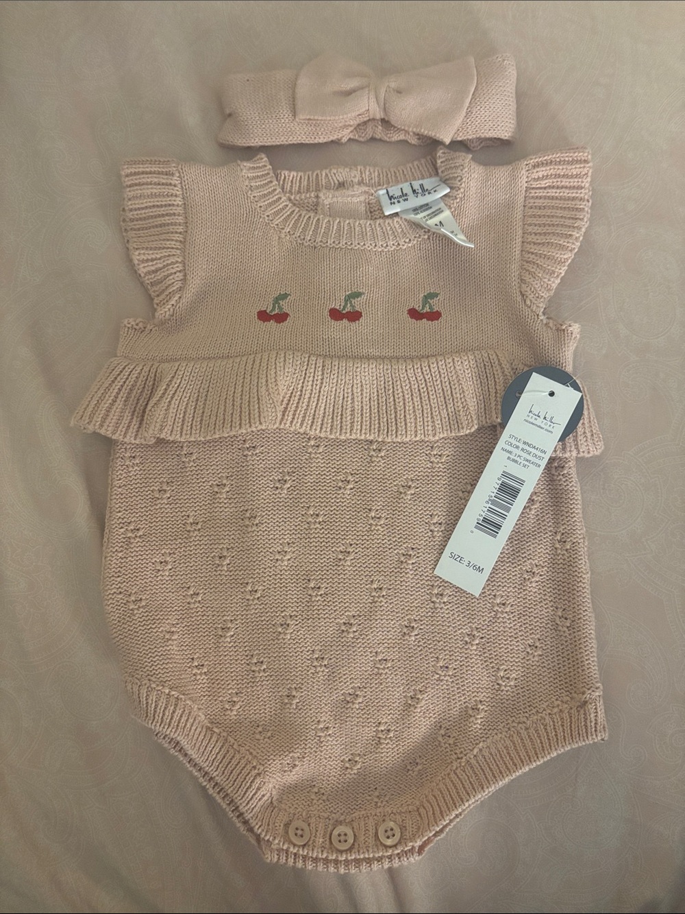 Nicole Miller Blush Knit Cherry Romper with Bow Headband